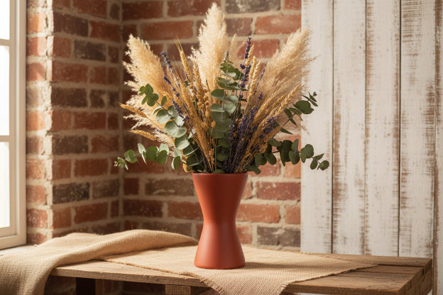 FLORERO DE MADERA CON FLORES SECAS