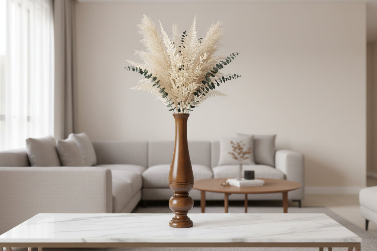 FLORERO DE MADERA CON FLORES SECAS